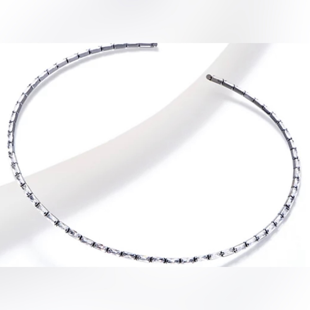 Diamonique/Lisa Freede flexible baguette necklace.  Color is silver.